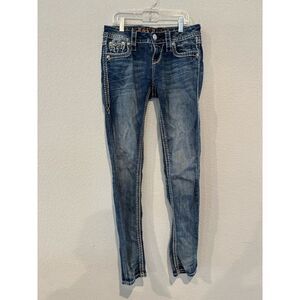 Rock Revival Women's Size 25 Distressed Low Rise Skinny Jeans Dark Wash Blue